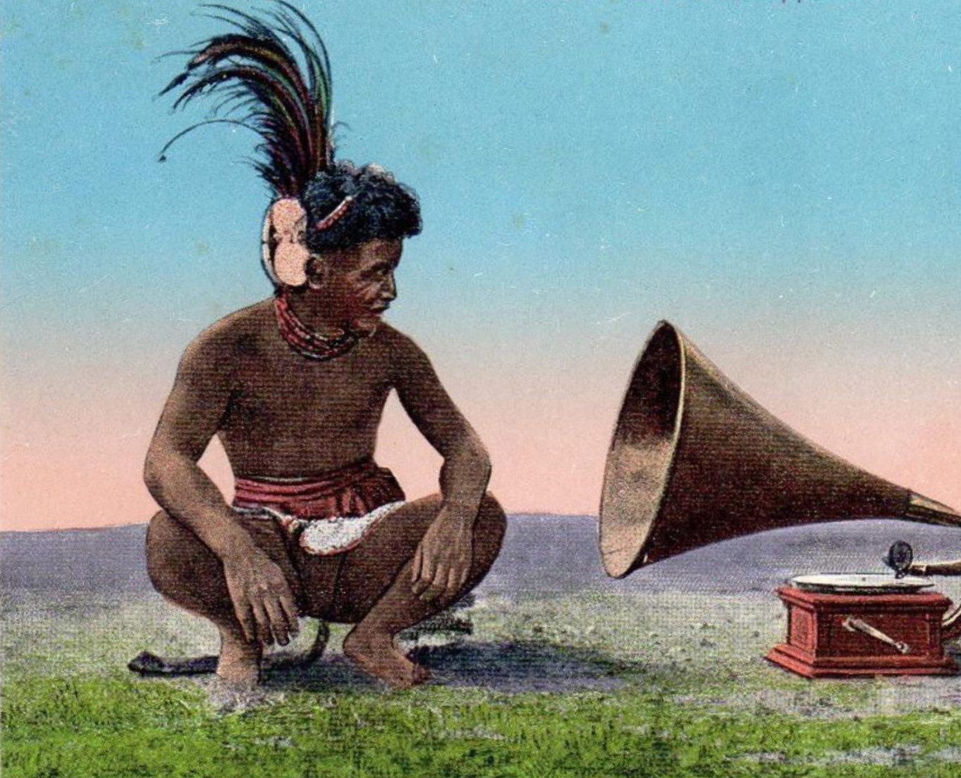 Postcard with a Subuagane listening to a phonograph (Mt Province, Philippines c. 1915)